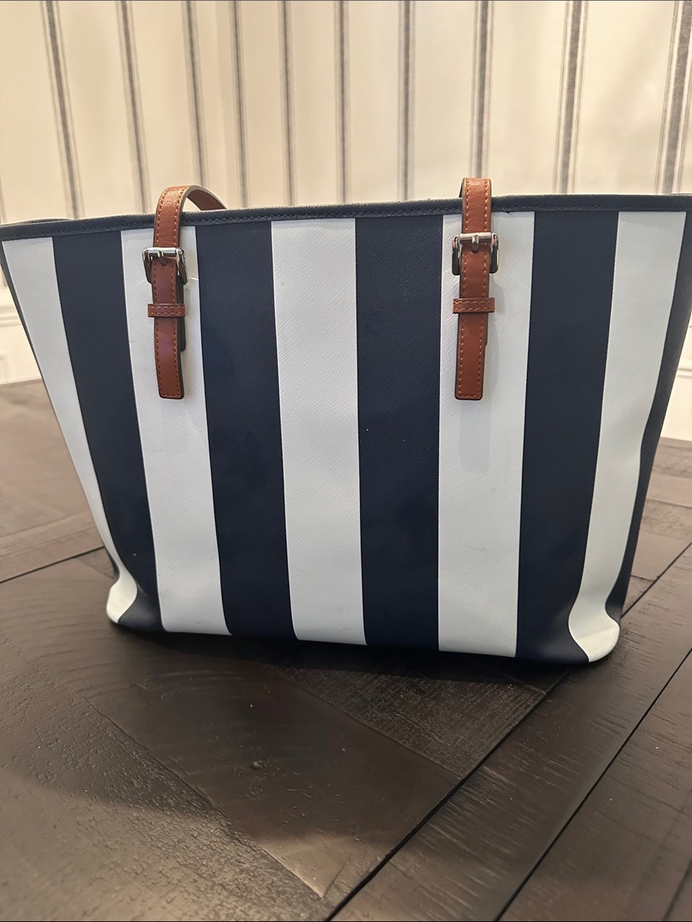 Michael Kors Striped Navy and White Tote with Brown Leather Handles